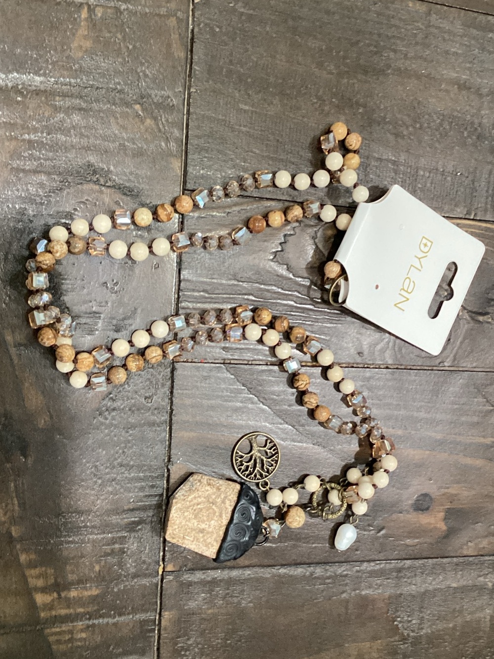 dylan Cream, Brown & Gold Layered Beaded Necklace with Mixed Pendant
